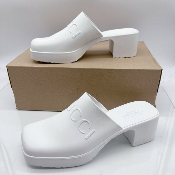 Gucci Logo Rubber Platform Heel Clogs Mules Slip On 725899 White Wms EU 39 US 9 - Picture 3 of 13